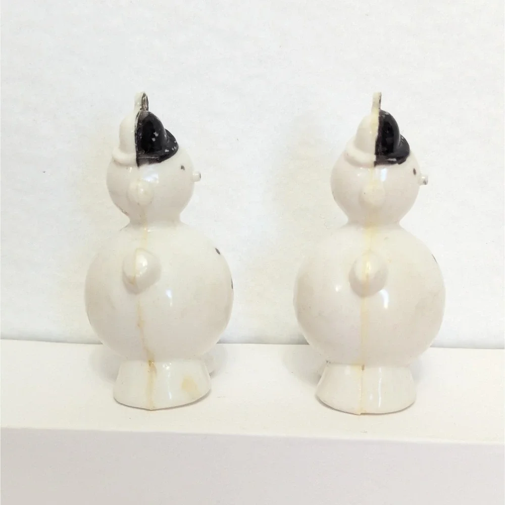 Vintage Allied Hard Plastic Snowman Christmas Ornament Set Of 2 White 1950's